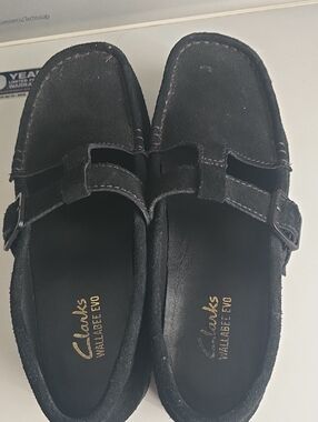Clarks Black Suede Slip-On Wallabee Clogs with Buckle